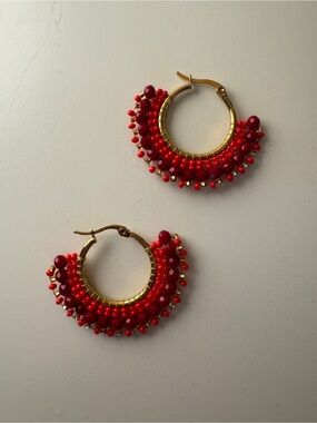 Red Beaded Gold Hoop Earrings - Women Jewelry